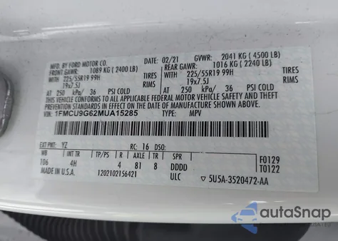 2021 Ford Escape Se из США, поврежденный, VIN 1FMCU9G62MUA15285